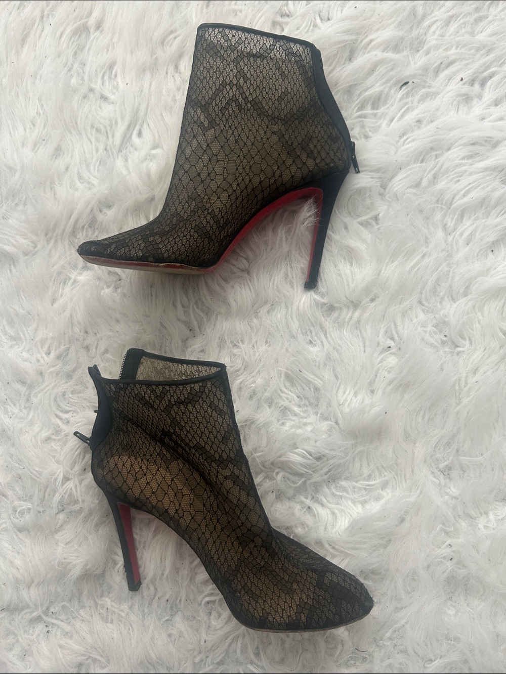 Christian Louboutin black snakeskin pattern mesh ankle boots heels, size 8.5,